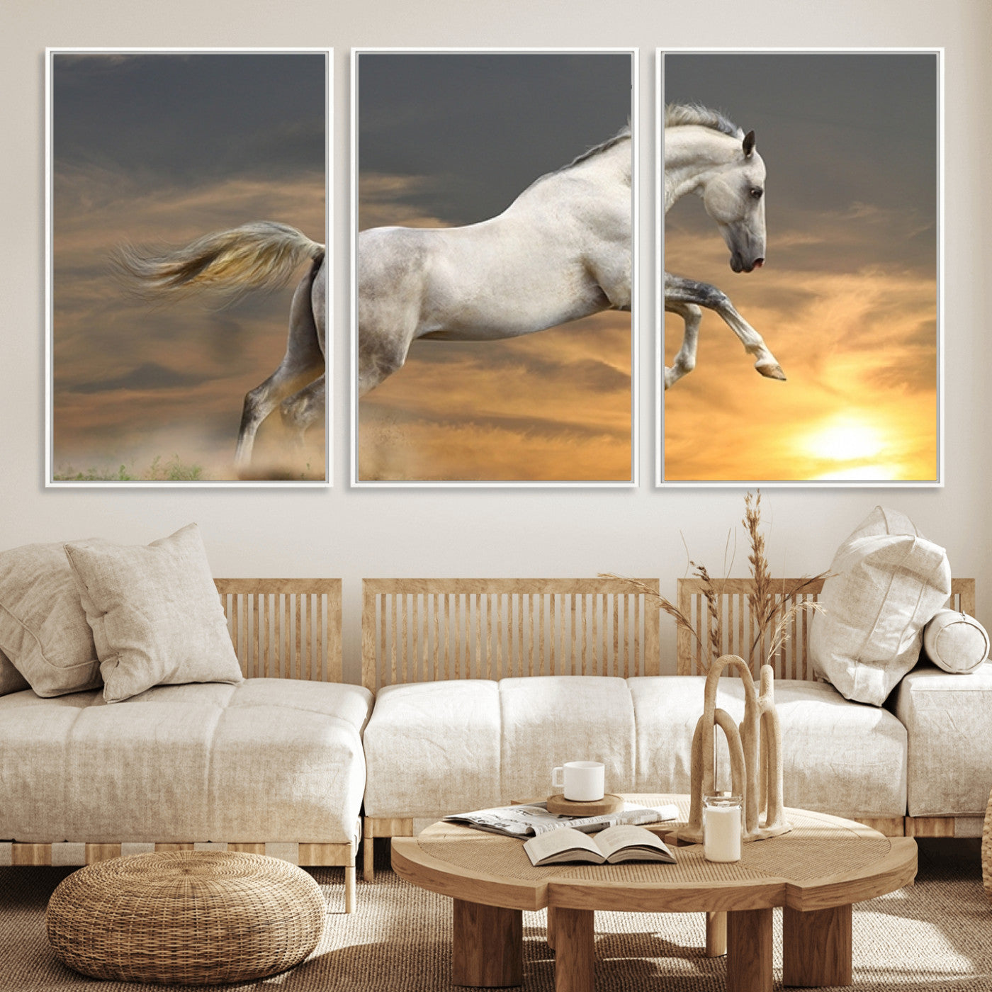 MGV-FC-60X30-3P - Large Wall Art Animal Canvas Print - White Jumping Horse at Sunset