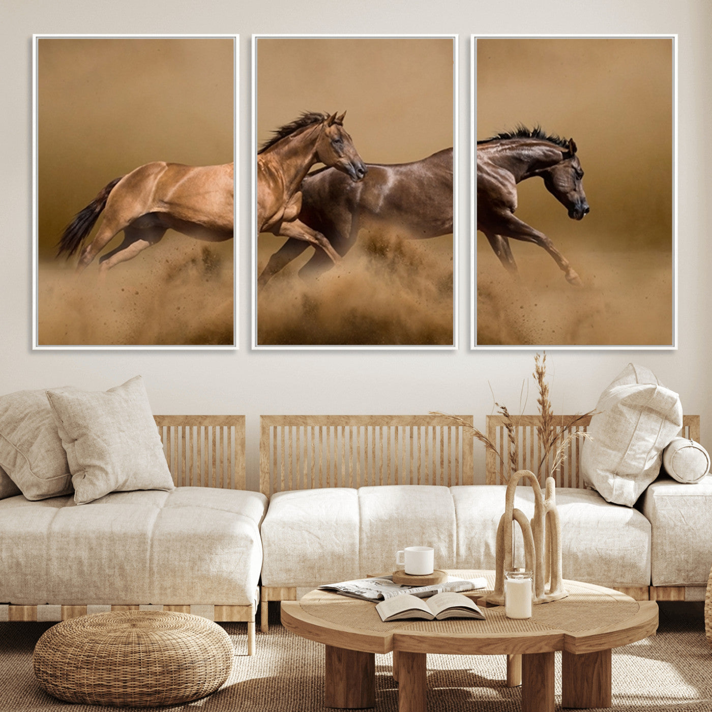 MGV-FC-60X30-3P - Large Wall Art Animal Canvas Print - Two Running Brown Horses