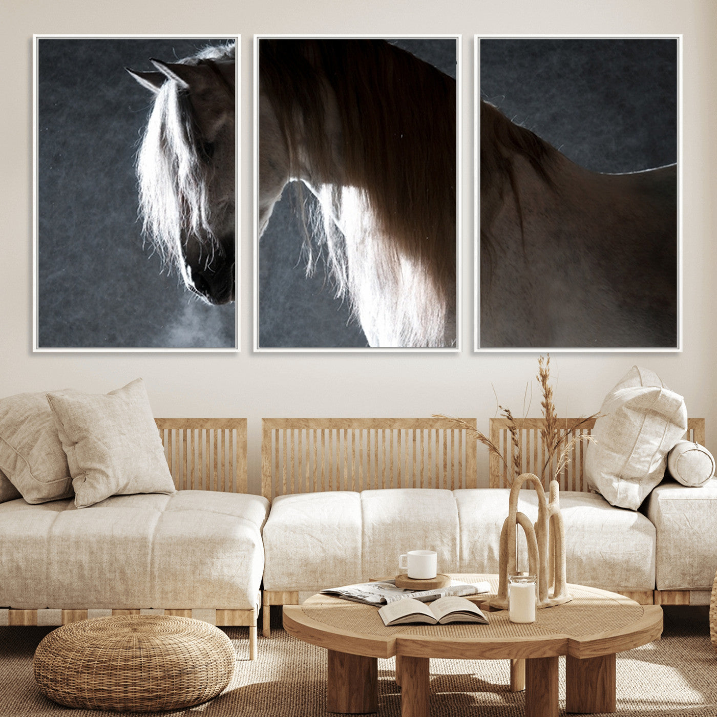 MGV-FC-60X30-3P - Large Wall Art Cream Colored Horse on Grey Background Canvas Print