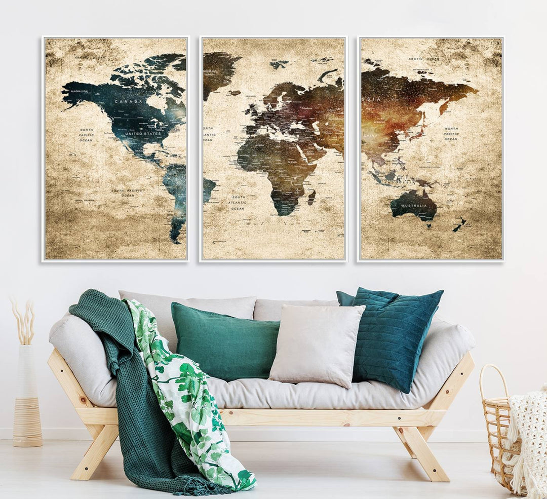 Grunge World Map Canvas featuring earth-toned continents, suitable for study, office, or living room.