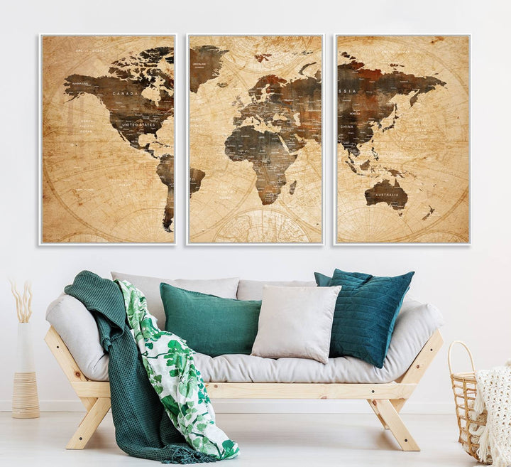 Vintage World Map: 3-Panel Canvas Print in antique rustic style. Framed and gallery wrapped. Ideal for decor.