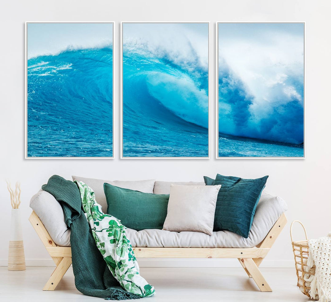 A museum-quality canvas depicting a vibrant blue ocean wave with white foam under a clear sky.