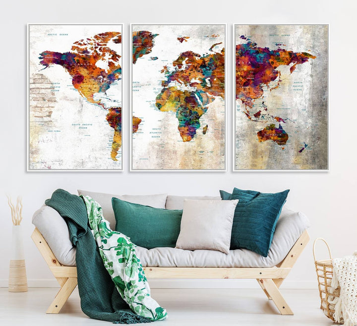 A vibrant Grunge Map Canvas Wall Art Set (3 Panels) for home or office decor, perfect for travel enthusiasts.