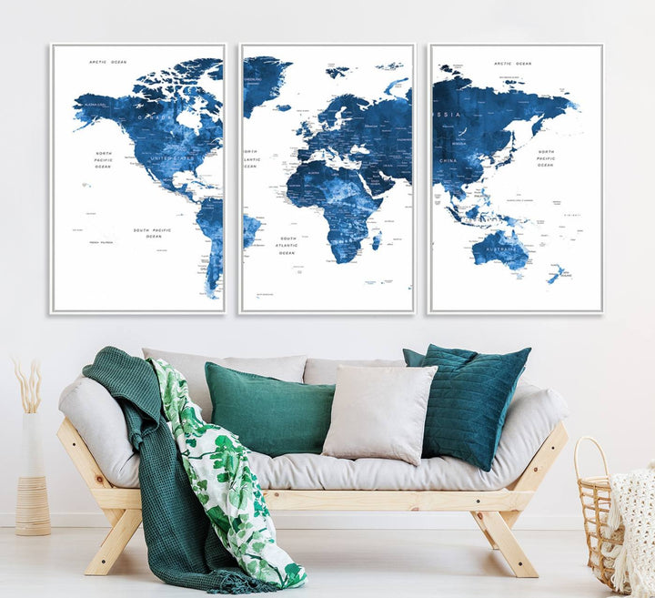 Navy Blue Wall Art World Map Canvas Print, an ideal piece for anyone seeking unique home or office decor.