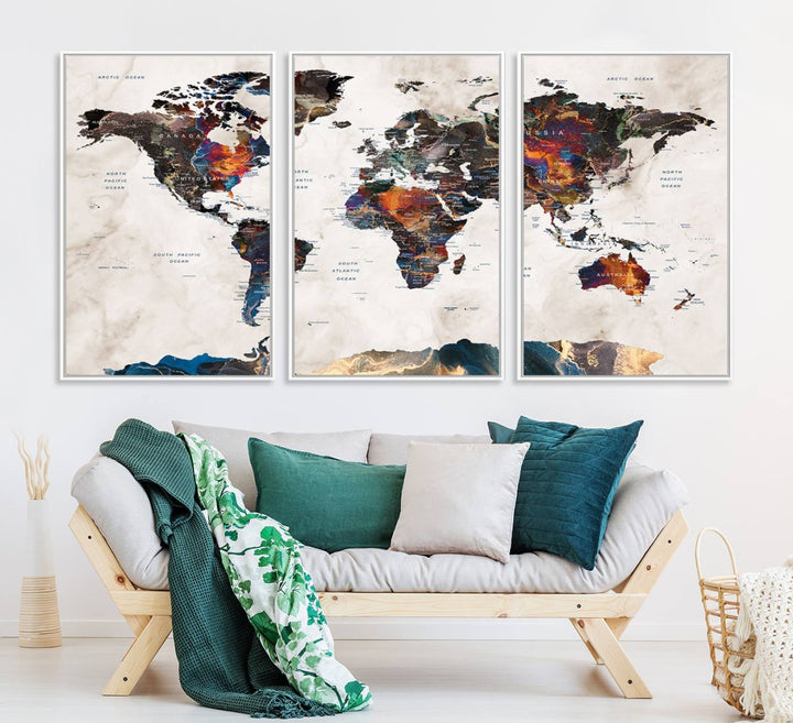 Watercolor World Map Canvas Print in earthy hues with a grunge background, ideal for wall decor.