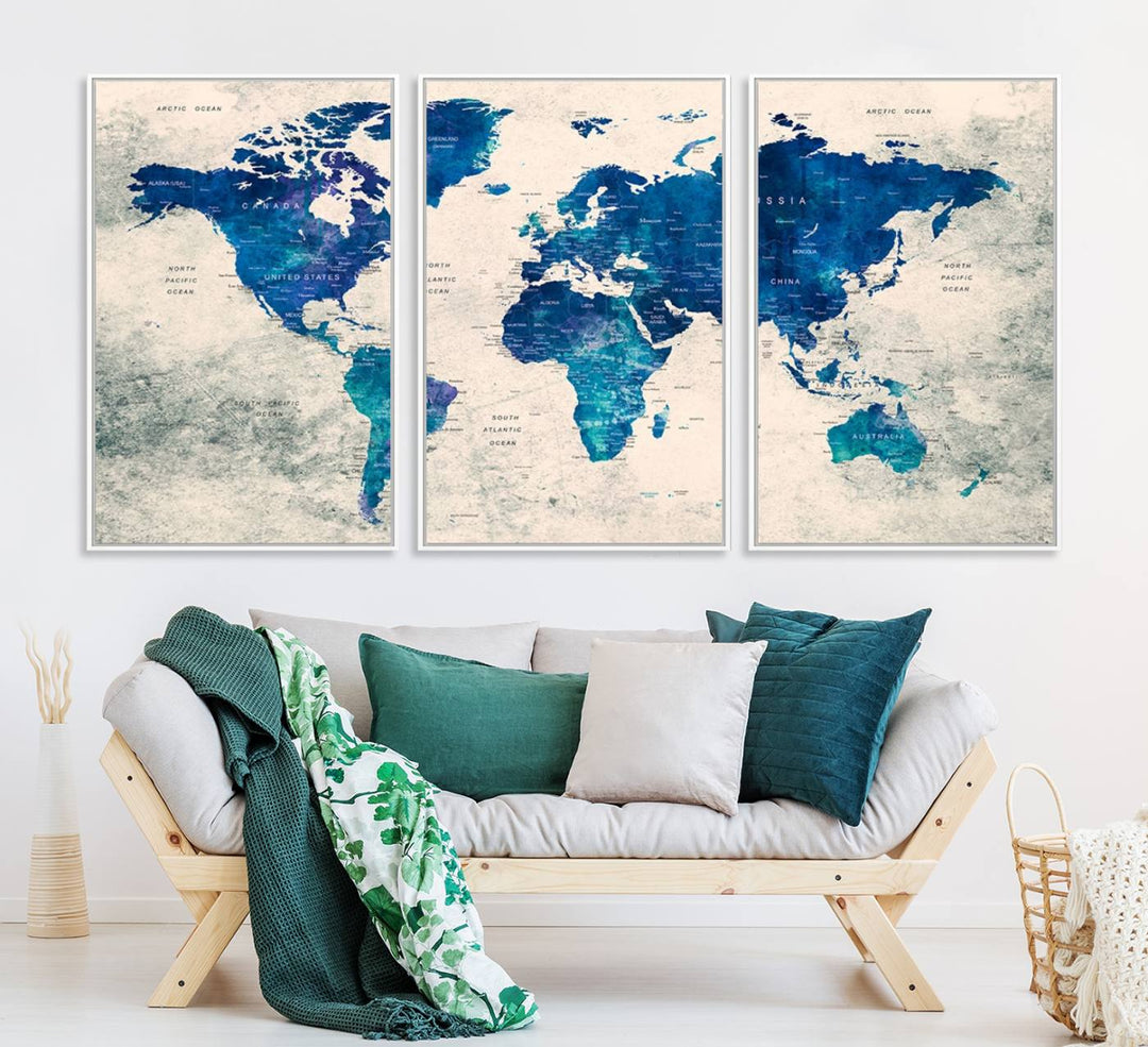 Navy Blue Push Pin World Map Canvas Print featuring a grunge-stained background, with labeled countries and oceans.