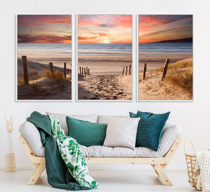 The Sunset on the Sea Wall Art Canvas Print beautifully captures a beach sunset and waves, enhanced with a UV-protective coating.