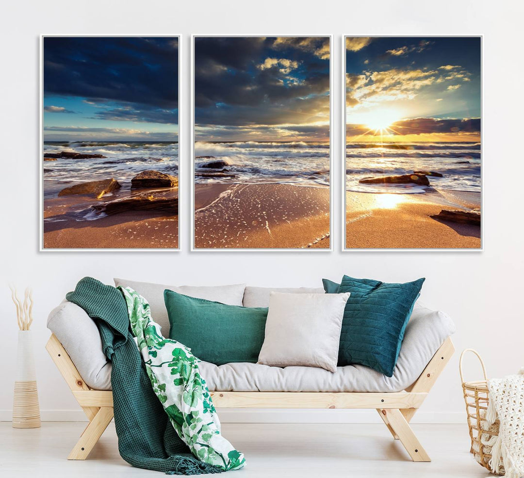 The Golden Hour Beach Sunset triptych adorns the wall with its captivating imagery.