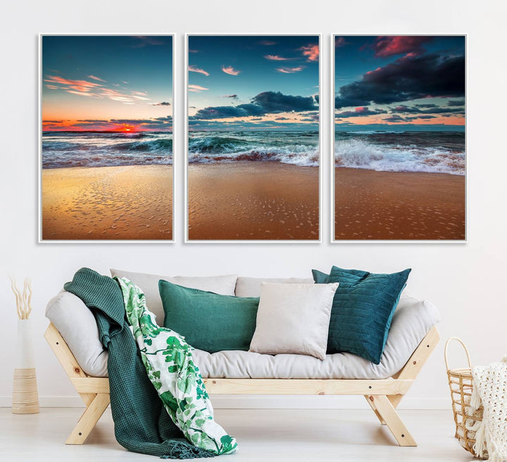 Sunset on Beach Wall Art: Waves under a vibrant sky. Crafted on museum-quality canvas, ready to hang and admire.