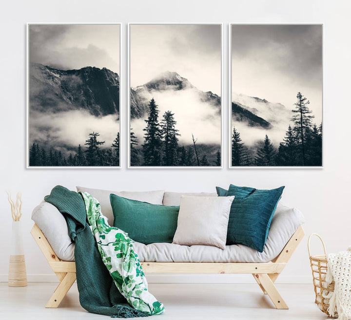 Forest Mountain Print - Black and White Canvas.