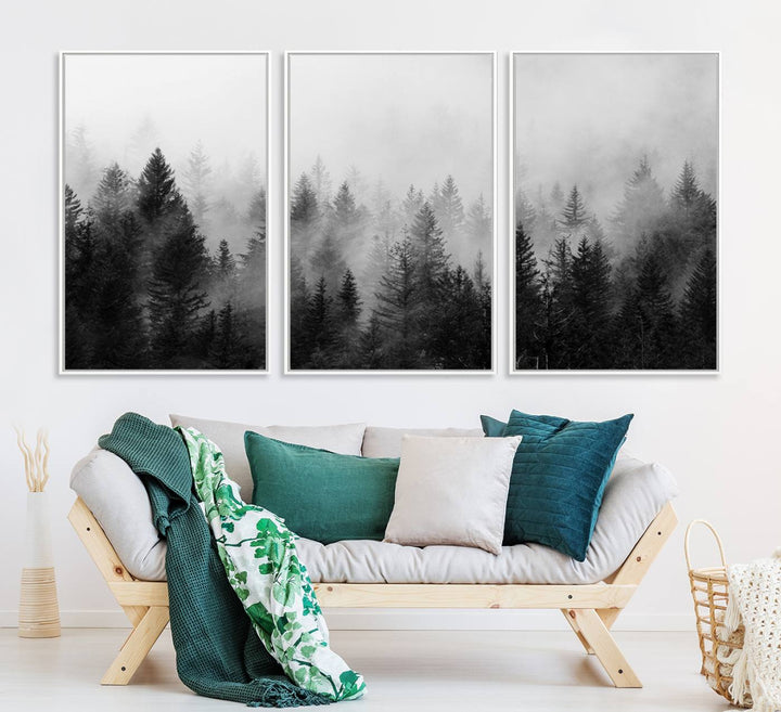 Black and white canvas art depicts a misty pine forest, offering a dense landscape that appeals to nature and woodland art lovers.