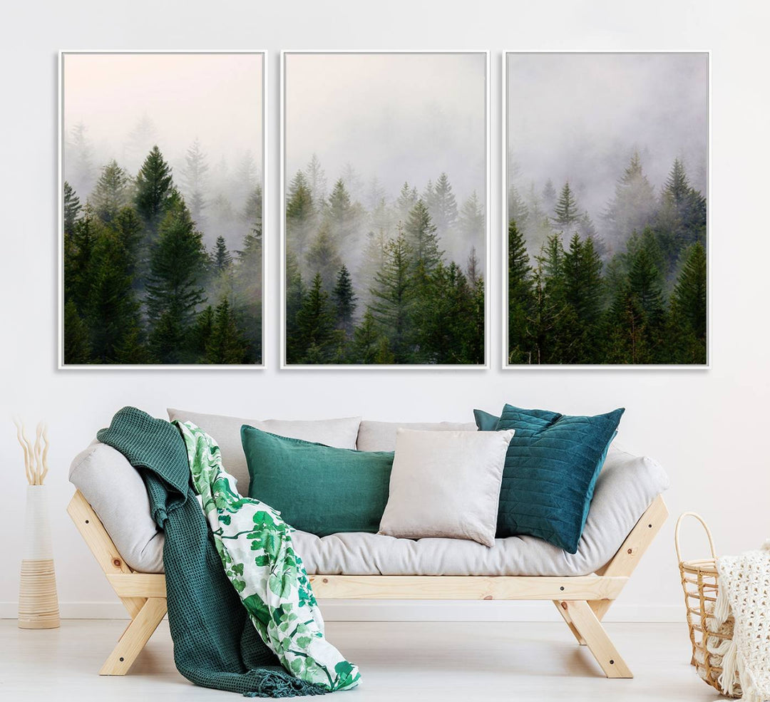 A serene, foggy evergreen forest creates a mysterious atmosphere, ideal for premium canvas wall art.