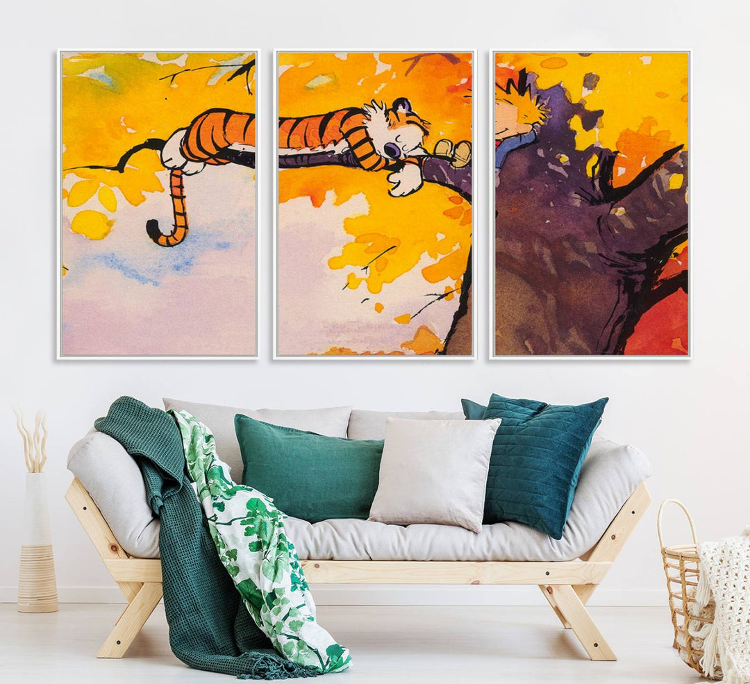 Premium canvas Calvin Wall Arts featuring a boy and tiger relaxing on a branch.