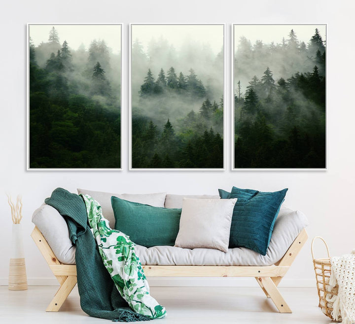 The Misty Forest Wall Art Canvas Print captures a serene, foggy evergreen landscape, evoking a mysterious woodland ambiance.