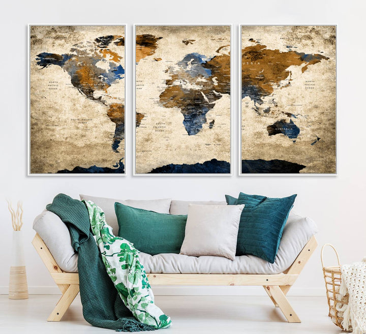 A Vintage World Map Canvas featuring brown, blue, and white on a textured background. Ideal for wall art in living rooms or offices.