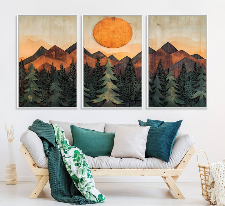 Sunset Mountain Landscape canvas wall art print featuring forest and wooden textures in green, brown, and orange.