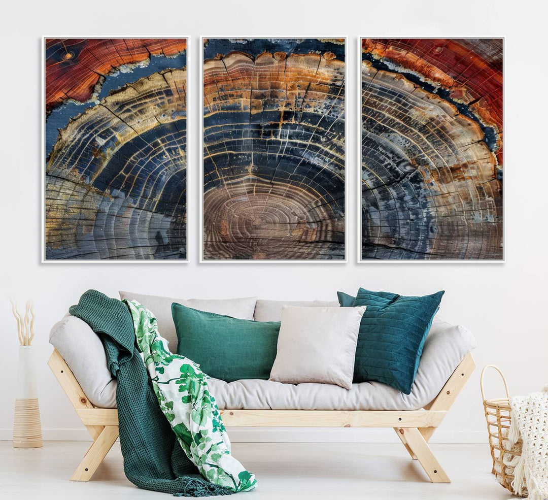 The Abstract Tree Ring Wall Art in orange, blue, and gray perfectly complements minimalist nature-inspired home decor.