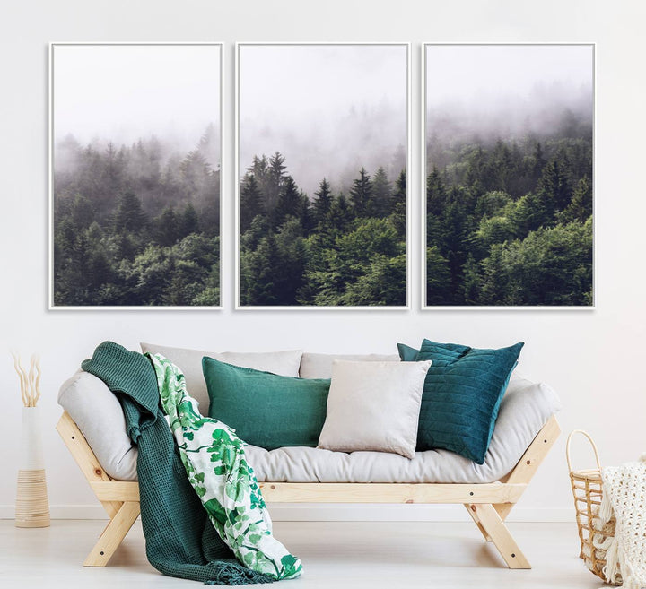 A serene triptych nature print featuring a misty forest, perfect as wall art.