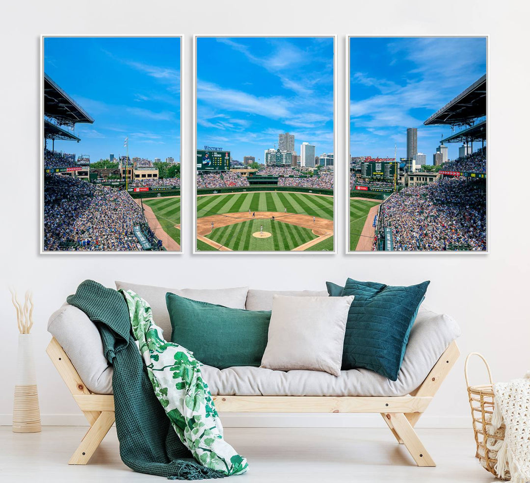 Panoramic view of Wrigley Field, ideal for the Wrigley Field Chicago Cubs Panoramic Canvas Wall Art - Ready to Hang.