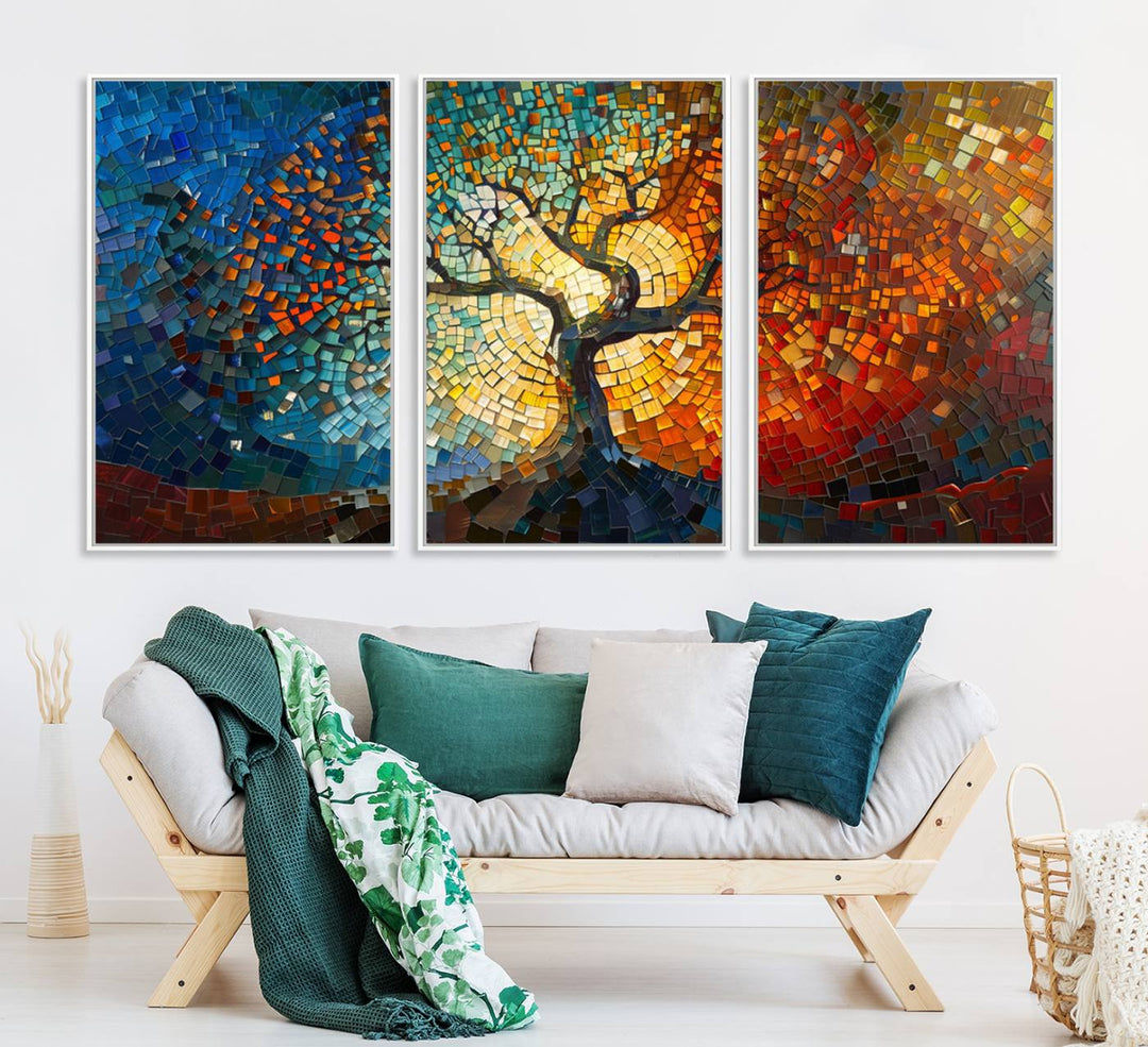 Mosaic Tree Canvas Wall Art: A stunning stained glass-inspired Tree of Life featuring blue and orange swirling patterns reminiscent of a sunburst.