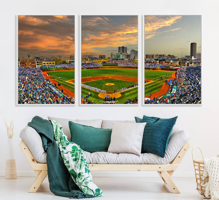 Aerial view of Wrigley Field at sunset against a vibrant sky, creating the perfect Chicago Wrigley Field Canvas Wall Art.