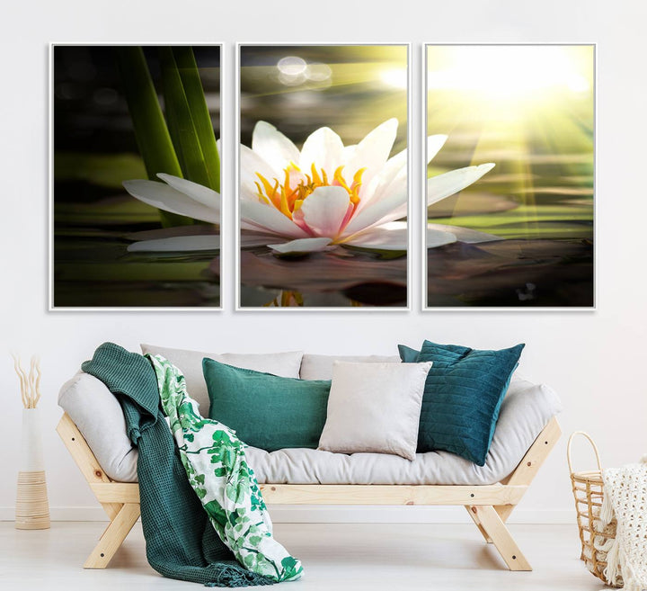 The Lotus Flower Wall Art Canvas Print showcases a white water lily with a yellow center floating gracefully in sunlight.