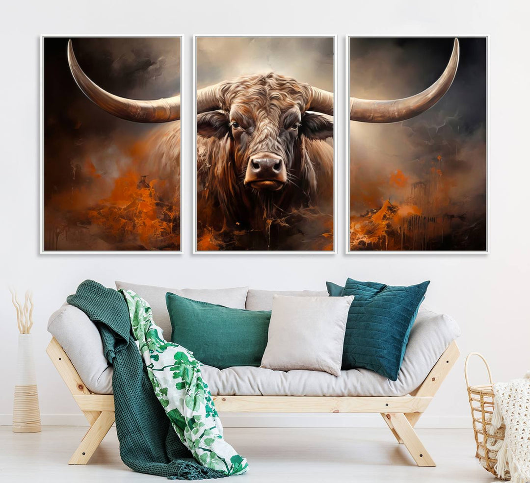 A Highland Bull with striking horns is depicted in a fiery abstract style on a ready-to-hang wall art canvas, evoking strength.