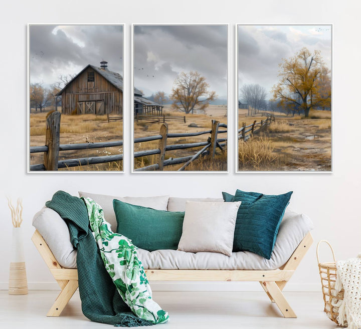 Rustic Autumn Farmhouse Wall Art – Weathered Barn & Trees Canvas Print, featuring a serene scene with birds in the sky. This piece is ready to hang.