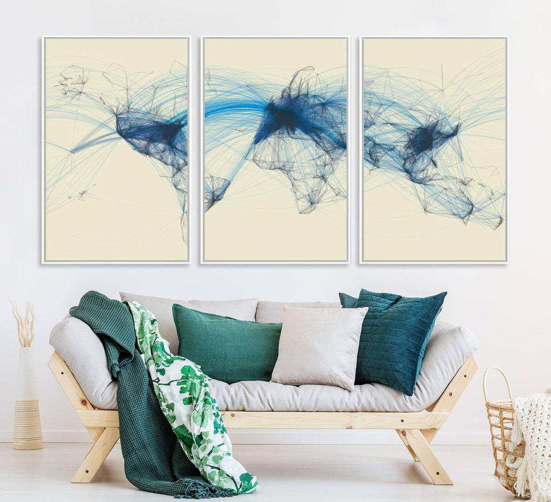 Flight Routes Map: Air Traffic Avi World Map featuring blue lines symbolizing global data. Ideal for home decor and ready to hang.