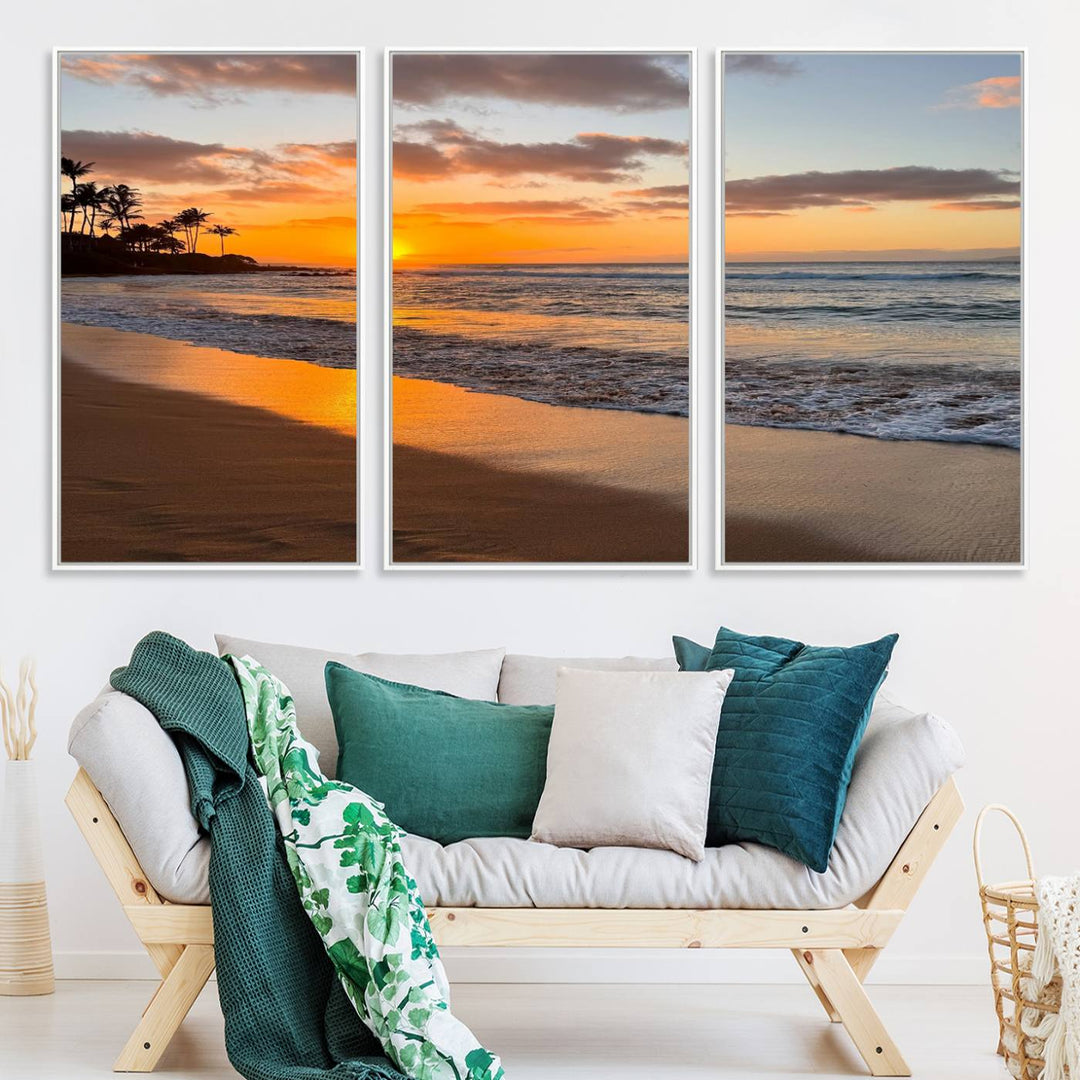 Sunset Wall Art Print featuring a beach sunset with waves and palms, perfect for coastal decor.