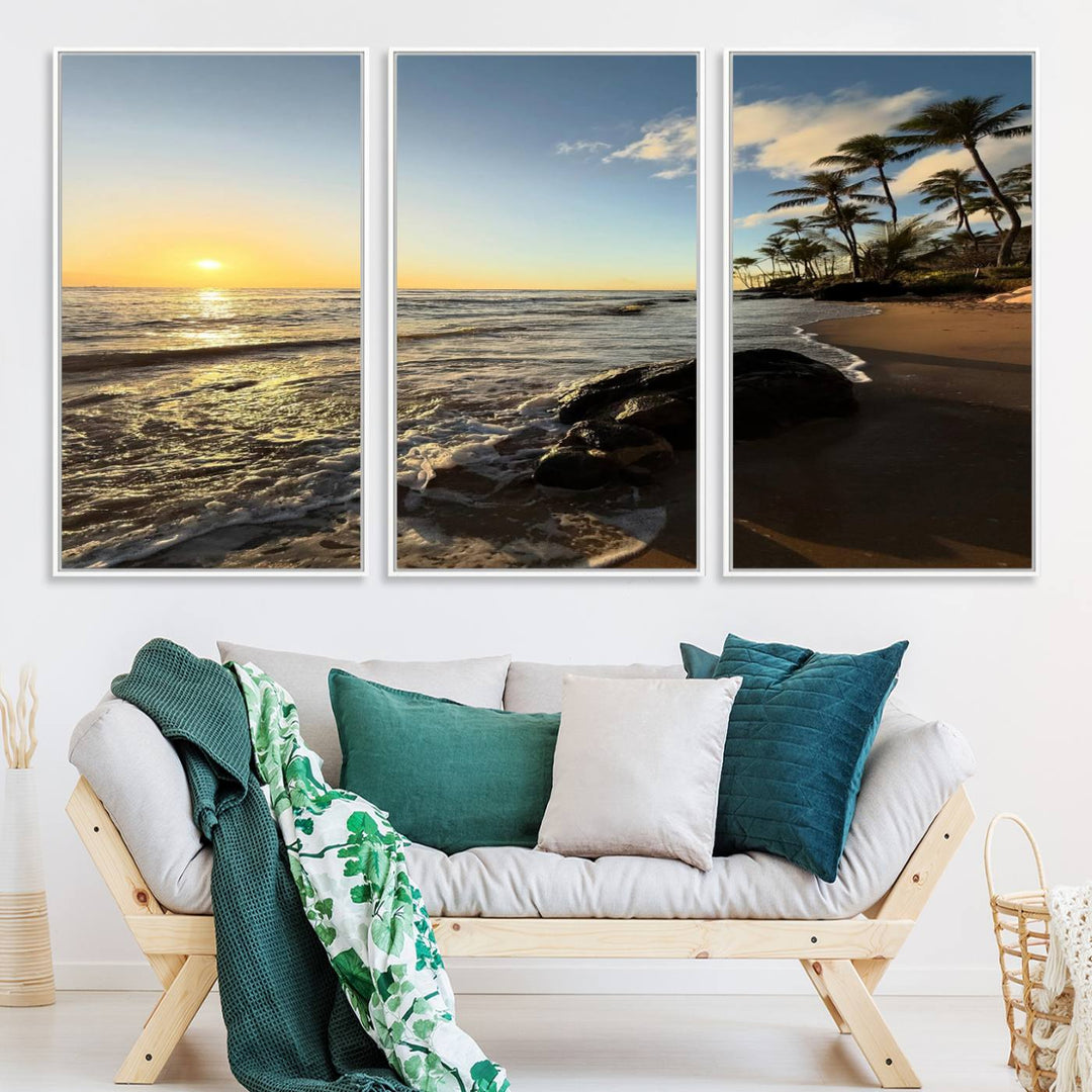 A serene tropical sunset on canvas, featuring palms and waves, serves as perfect Tropical Beach Wall Art for home or office decor.