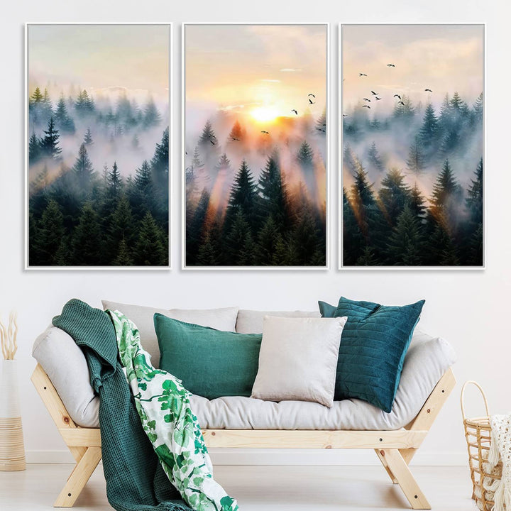 Sunrise over a misty forest with rays filtering through trees in the Abstract Forest Wall Art featuring soaring birds.