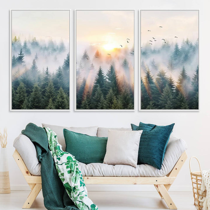 Misty Pine Forest Wall Art: A depiction of sunrise over foggy trees and birds against a bright sky; a framed woodland scene ideal for home or office decor.