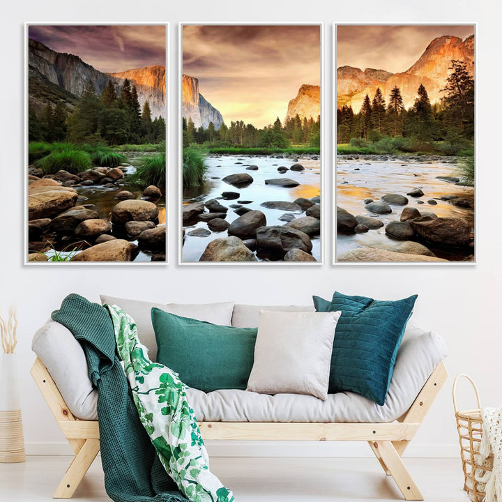 A tranquil riverside sunset mirrors the beauty of a Yosemite wall art masterpiece like the Large El Capitan Print.