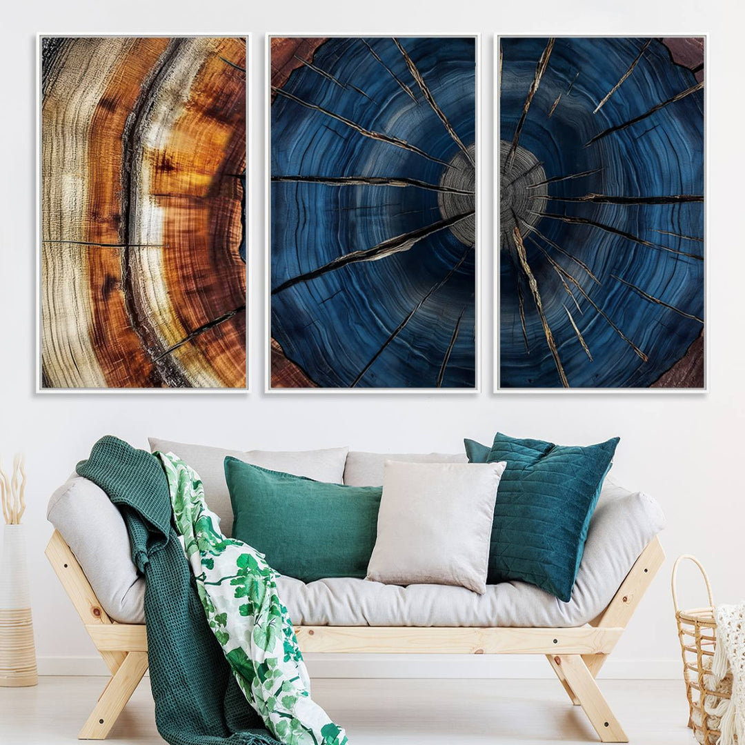 The Abstract Tree Rings Canvas Print features blue, brown, and orange rings that highlight wood grain and natures beauty.