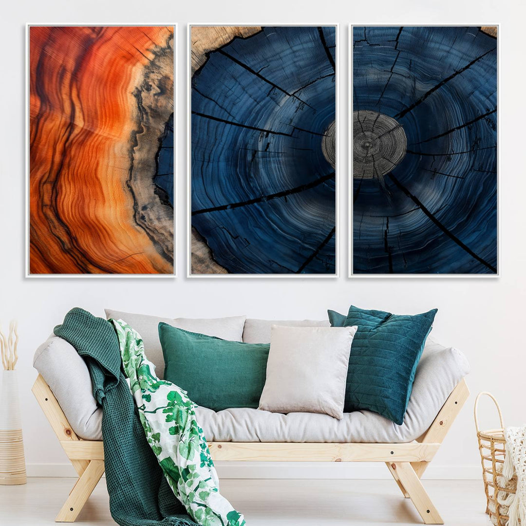 Abstract Tree Rings Canvas Print with vibrant colors—ideal farmhouse wall art for a woodland-themed home.