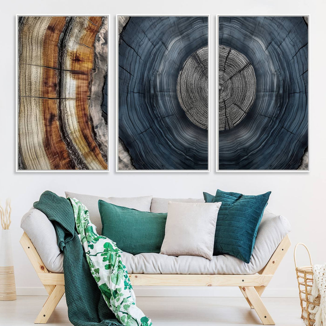 Close-up of the Abstract Tree Rings Wall Art Print featuring shades of blue, brown, and gray.