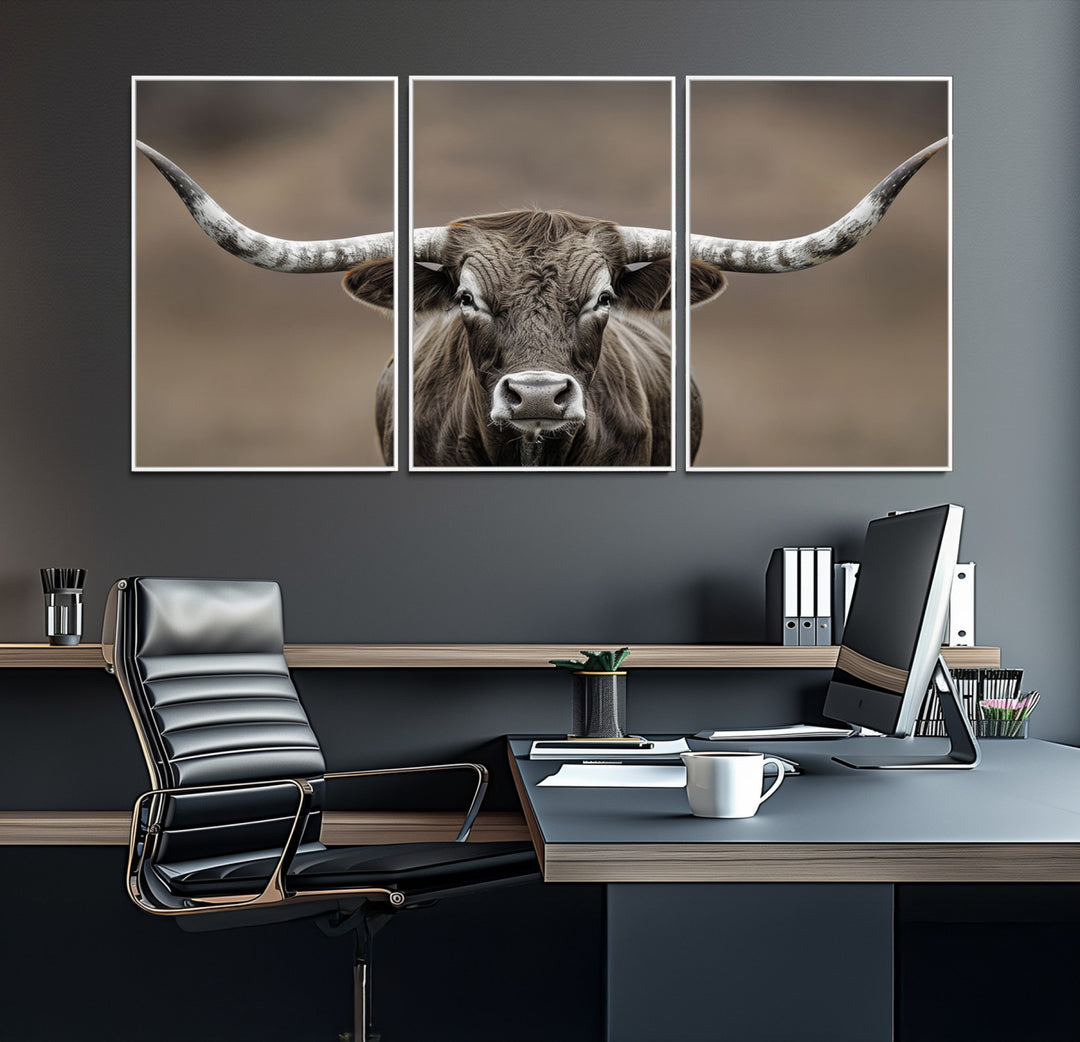 The Framed Texas Longhorn Bull Art Canvas Print adds timeless elegance to the serene setting.