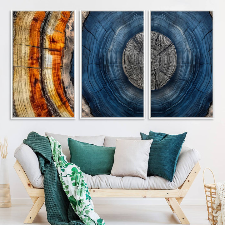 Vibrant Abstract Tree Rings in Orange, Brown, and Blue - Canvas Print for Nature Woodland Wall Decor.