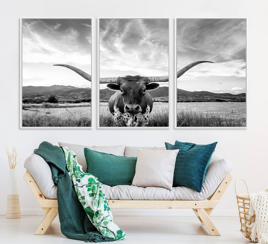 Modern living room featuring Longhorn Cow Wall Art Canvas Print.