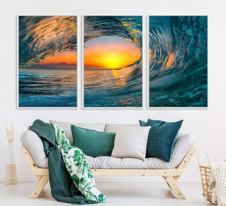 The Ocean Wave Sunset Wall Art canvas print features a vibrant ocean wave at sunset, forming a tunnel with silhouetted mountains.