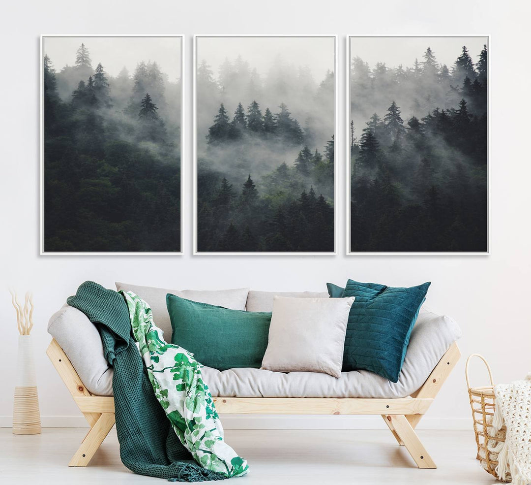 The Serene Triptych Print features tall evergreens, creating a mysterious and calming atmosphere.