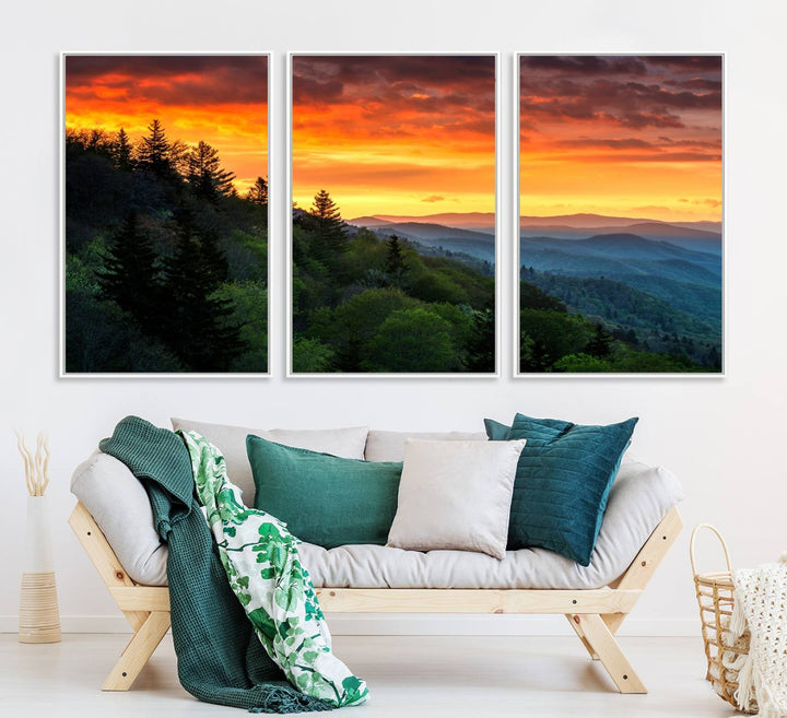 The Great Smoky Mountains Sunset Wall Art, a 3-panel print, beautifully captures natures beauty and is perfect for living room or office decor.