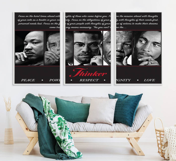 The Thinker Quintet Canvas Wall Art features portraits of Martin, Obama, Malcolm X, Mandela, and Marley, each representing virtues such as Peace and Power.