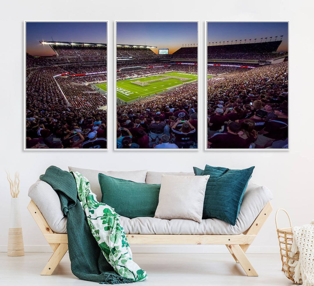 A vibrant canvas print of Texas A&M Aggies at College Stations Kyle Field Stadium captures the energy of fans cheering as the band marches at sunset.