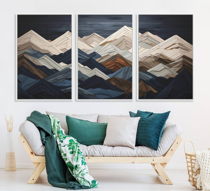 Abstract wood mountain range wall art in a 3-piece set featuring shades of blue, brown, and cream, ideal for modern rustic decor.