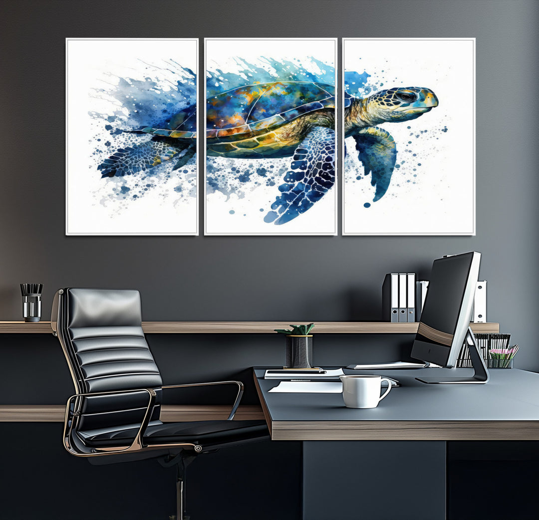 The Turtle Wall Art Print, featuring blue splashes, beautifully showcases Ocean Life.