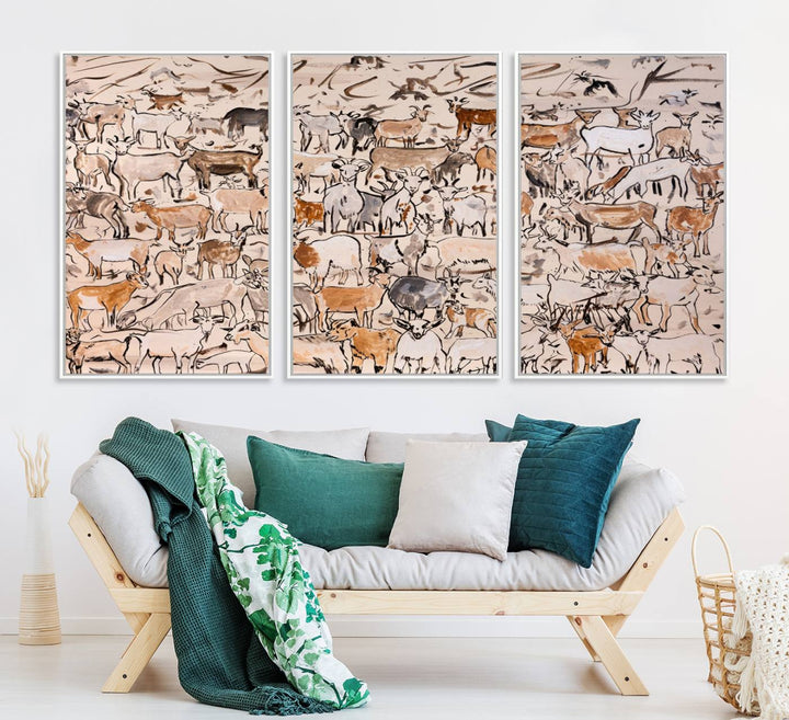 Framed Goat Herd Wall Art in minimal brush strokes on a beige backdrop, ideal for farmhouse or cabin decor.