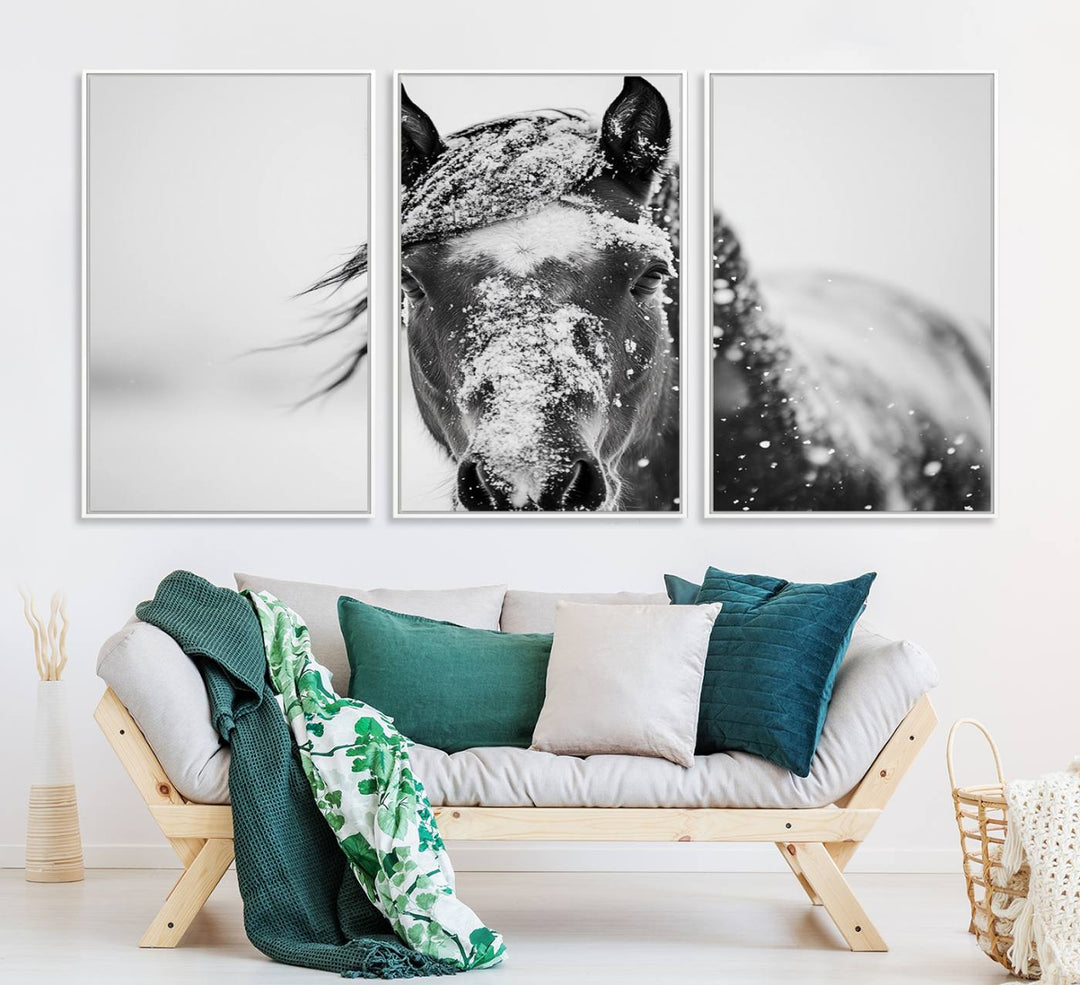 This black and white winter horse wall art enhances any decor; it is ready to hang and framed for a farmhouse or Western style.