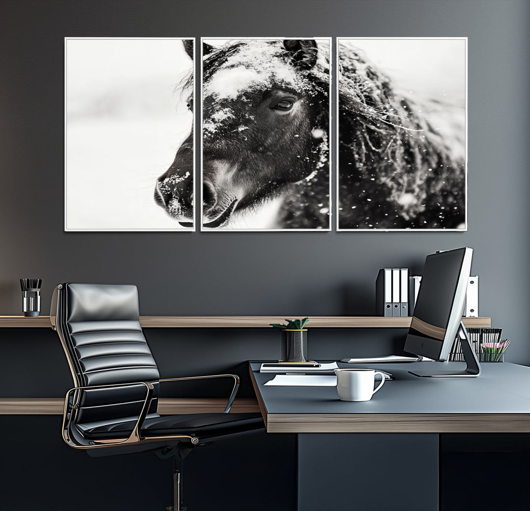 The wall art is a Black and White Horse piece, framed and ready to hang.